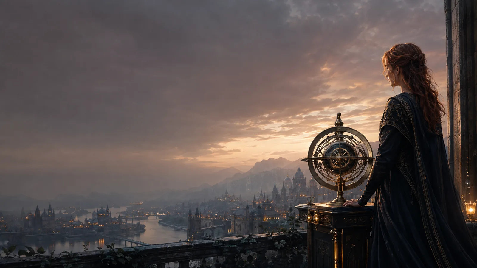 Marit beside a brass measuring instrument above the city of Orvaine at dusk